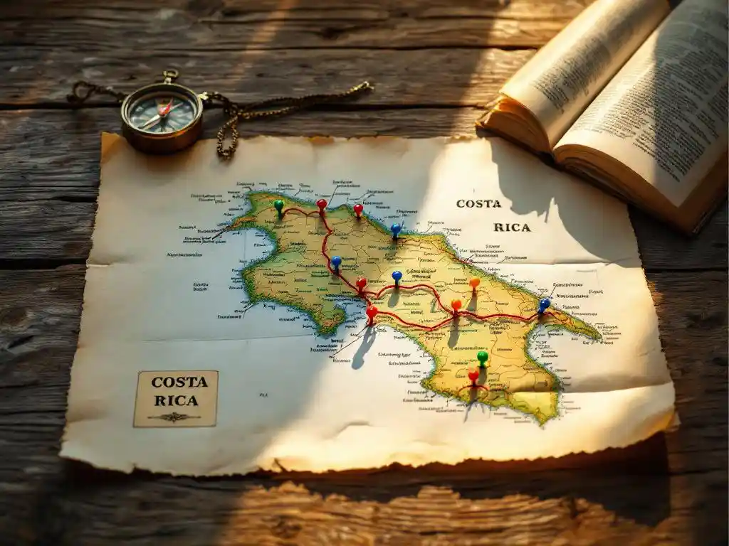 Costa Rica reiskaart met gekleurde punaises en rode draad die reisroute toont, kompas en reisgids op houten tafel