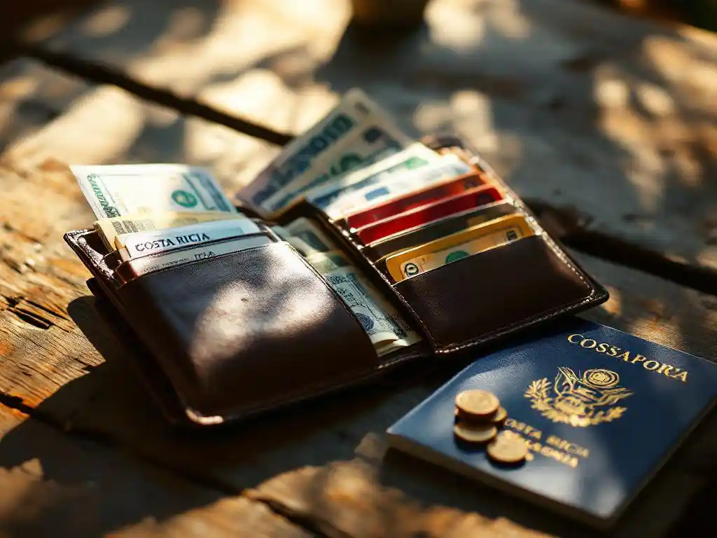 Open portemonnee met Costa Ricaanse colones en Amerikaanse dollars naast gestempeld paspoort op houten tafel