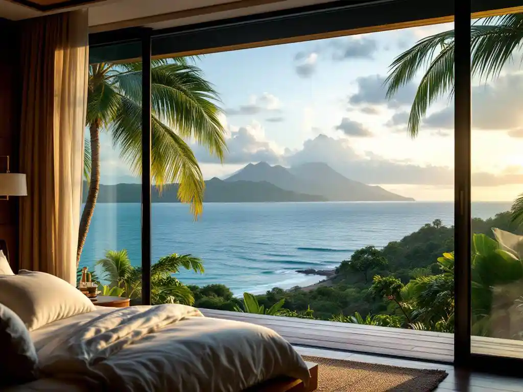 Luxe hotelkamer met balkon overlooking Costa Ricaanse kust, regenwoud en oceaan bij zonsondergang