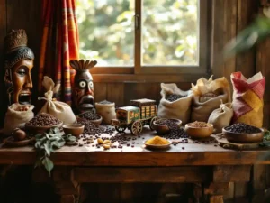 Rustieke houten tafel met Costa Ricaanse souvenirs: handgeweven textiel, houten maskers, koffiebonen en geschilderde ossenkar