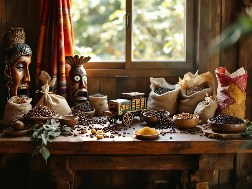 Rustieke houten tafel met Costa Ricaanse souvenirs: handgeweven textiel, houten maskers, koffiebonen en geschilderde ossenkar