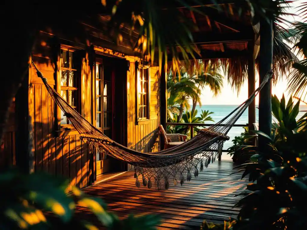 Gezellige Costa Ricaanse strandbungalow met palmbladendak, hangmat op veranda en turquoise oceaan op achtergrond