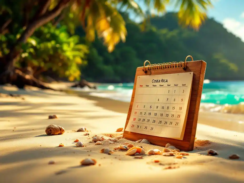 Houten kalender half begraven in goudkleurig zand op tropisch Costa Ricaans strand met turquoise water op achtergrond
