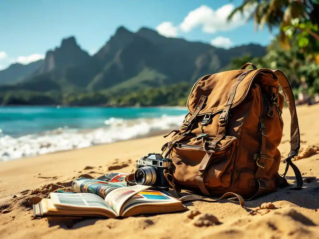 Verweerde reizigersrugzak op Costa Ricaans strand met reisgids en camera, tropisch regenwoud op achtergrond