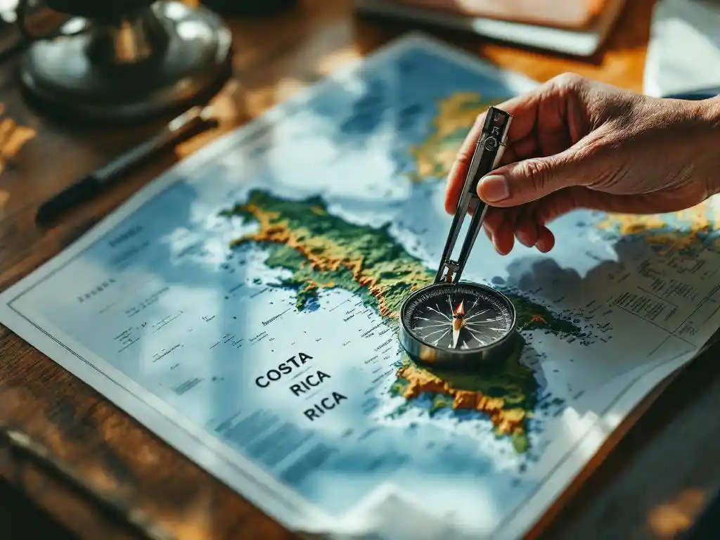Handen met passer over topografische kaart van Costa Rica op houten bureau, groene landschappen en blauwe kust zichtbaar