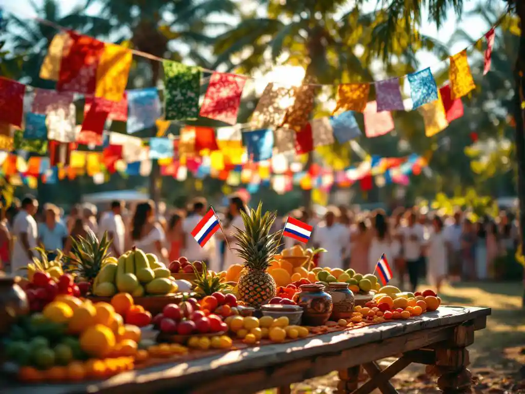 Traditionele Costa Ricaanse feestviering met kleurrijke decoraties, tropisch fruit en families in witte kleding onder palmbomen