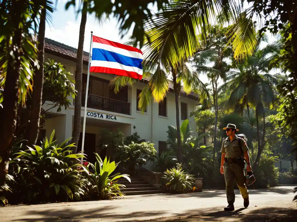 Costa Ricaanse vlag wappert voor regeringsgebouw, parkwachter in uniform loopt voorbij tussen tropische vegetatie