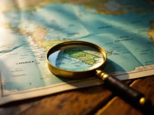 Wereldkaart op houten bureau met vergrootglas gericht op Costa Rica, gemarkeerd in groen tussen Nicaragua en Panama