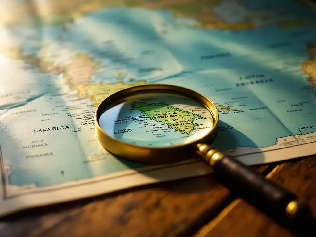 Wereldkaart op houten bureau met vergrootglas gericht op Costa Rica, gemarkeerd in groen tussen Nicaragua en Panama