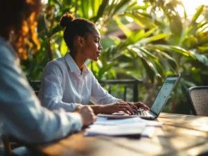 Professionele persoon met laptop en Costa Ricaanse werkvergunning documenten aan café tafel met tropische achtergrond
