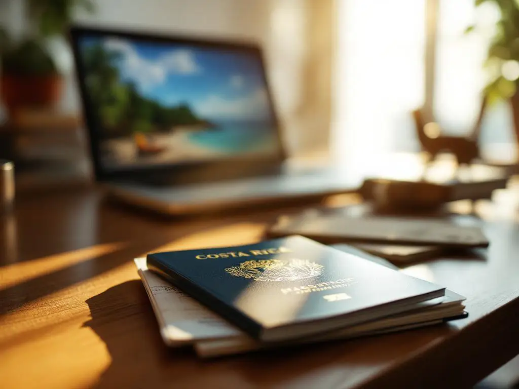 Open Costa Ricaans paspoort op houten bureau naast laptop met tropisch strand scherm, reisdocumenten, zonlicht