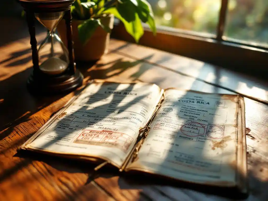 Vintage zandloper naast open Costa Ricaans paspoort op houten tafel met koffieplant in warm zonlicht
