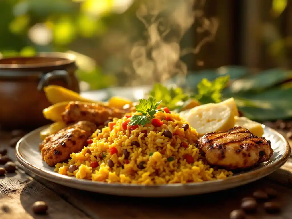 Traditionele Costa Ricaanse casado met gallo pinto, gebakken plantain, witte kaas en gegrilde kip op houten tafel