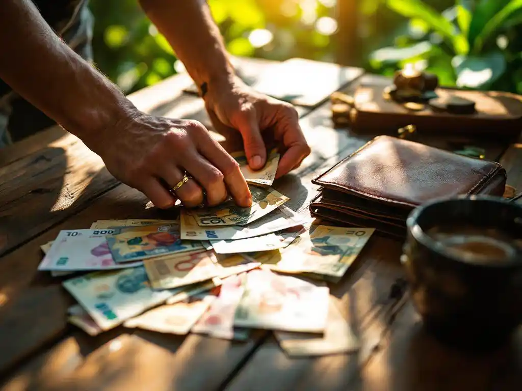 Handen tellen kleurrijke Costa Ricaanse colón bankbiljetten op houten tafel met portemonnee in tropisch zonlicht