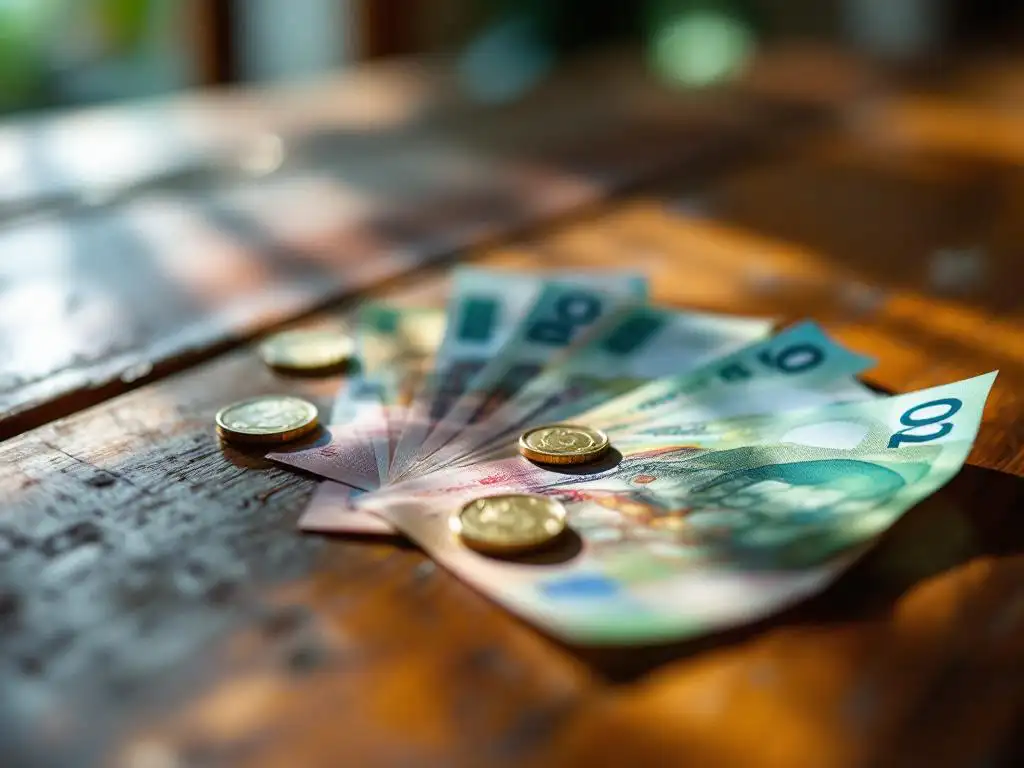 Costa Ricaanse colón bankbiljetten uitgewaaierd op houten tafel met gouden munten in warm zonlicht