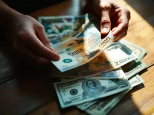 Handen houden Costa Ricaanse colones bankbiljetten vast met tropische dieren, US dollars eronder op houten tafel