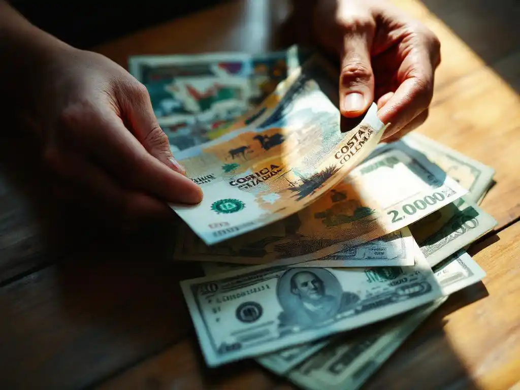 Handen houden Costa Ricaanse colones bankbiljetten vast met tropische dieren, US dollars eronder op houten tafel