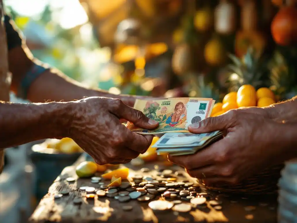 Verweerde handen wisselen kleurrijke Costa Ricaanse colones uit op een lokale markt met tropisch fruit op de achtergrond