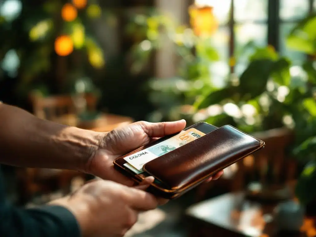 Ober reikt leren rekening map aan met Costa Ricaanse colones in traditioneel restaurant met tropische planten