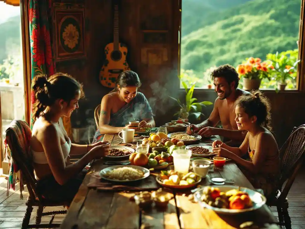 Costa Ricaanse familie geniet van traditionele gallo pinto maaltijd aan houten tafel met tropisch fruit en koffie