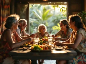 Costa Ricaanse familie van meerdere generaties geniet van traditionele maaltijd aan houten tafel in warm zonlicht