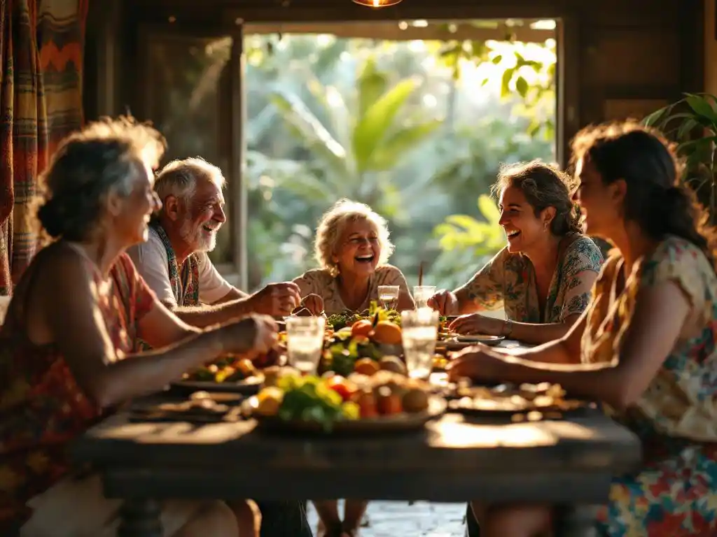 Costa Ricaanse familie van meerdere generaties geniet van traditionele maaltijd aan houten tafel in warm zonlicht