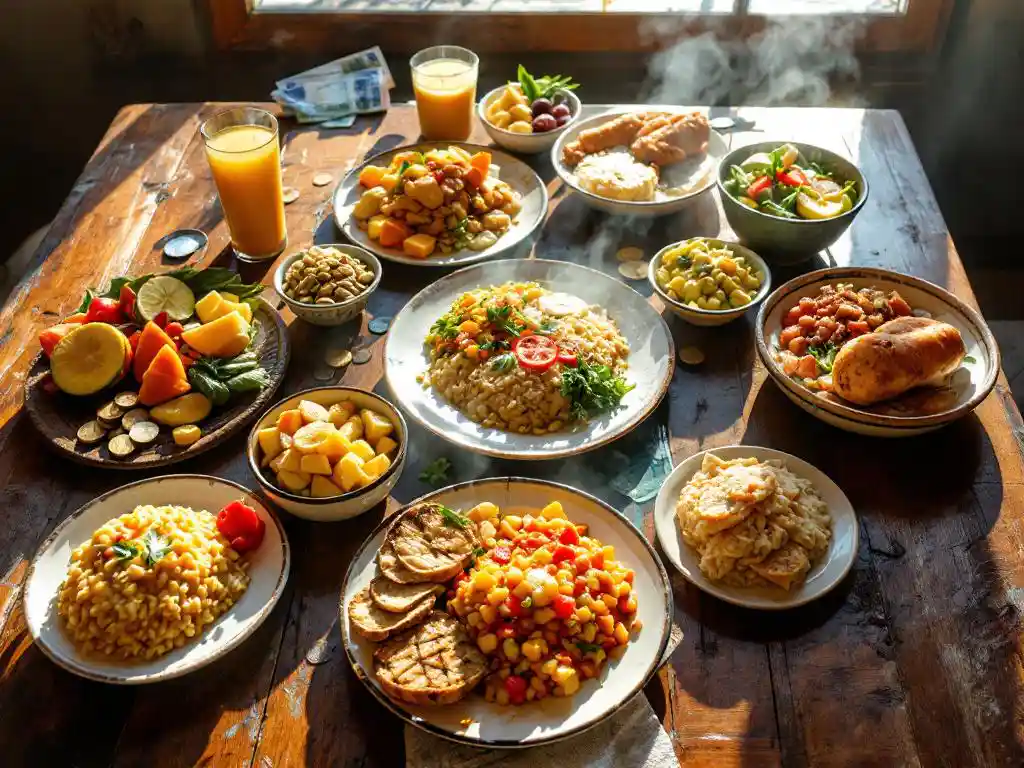 Authentieke Costa Ricaanse gerechten op houten tafel met gallo pinto, casado en tropisch fruit in warm zonlicht