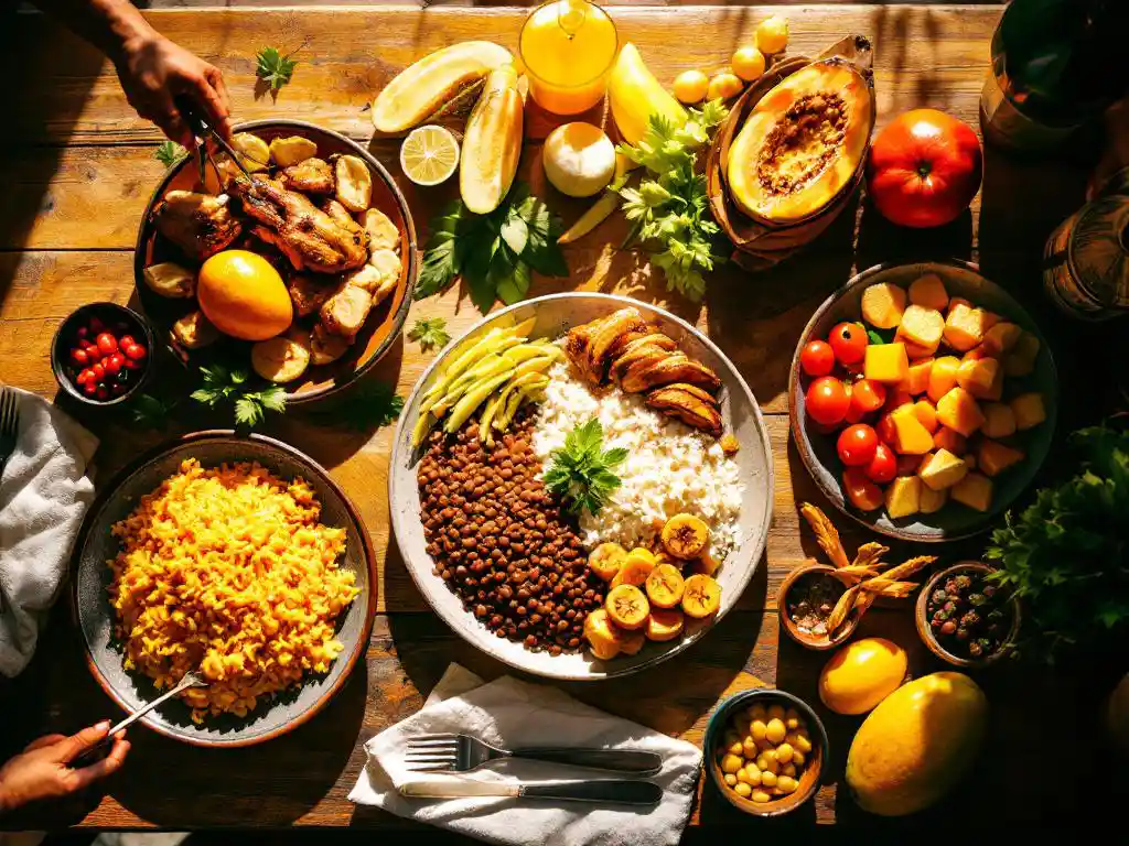 Traditionele Costa Ricaanse maaltijd met gallo pinto, gegrilde kip, plantains en tropisch fruit op houten tafel