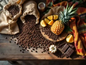 Rustieke houten tafel met Costa Ricaanse producten: koffiebonen, ananas, chocolade en handgeweven textiel