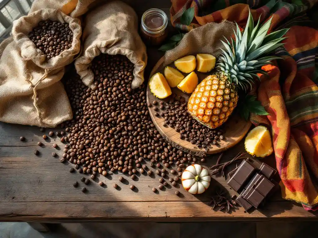 Rustieke houten tafel met Costa Ricaanse producten: koffiebonen, ananas, chocolade en handgeweven textiel