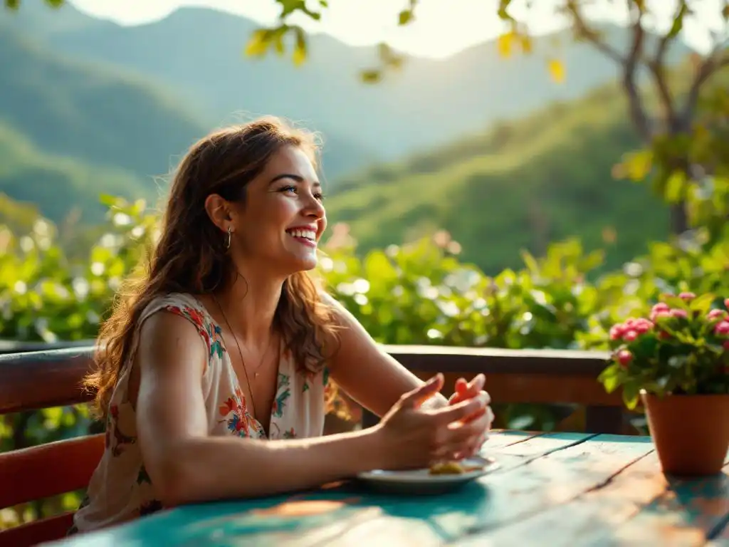 Costa Ricaanse vrouw praat expressief aan kleurrijke café tafel met koffieplantage en groene bergen op achtergrond