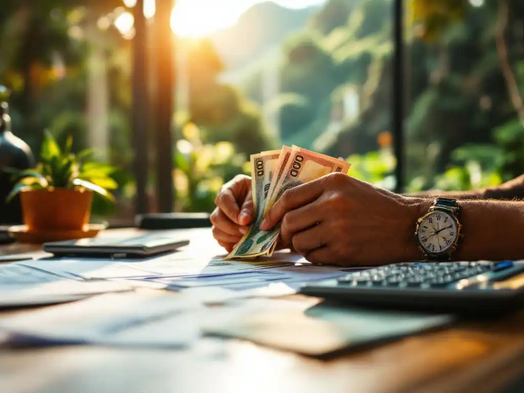 Kantoormedewerker telt Costa Ricaanse colón bankbiljetten aan bureau met calculator en financiële documenten