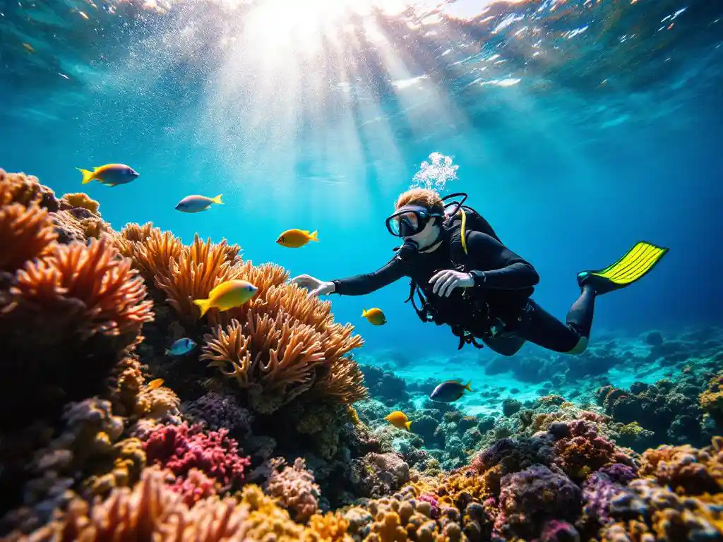Duiker in volledige uitrusting verkent kleurrijk koraalrif met tropische vissen in helder turquoise water