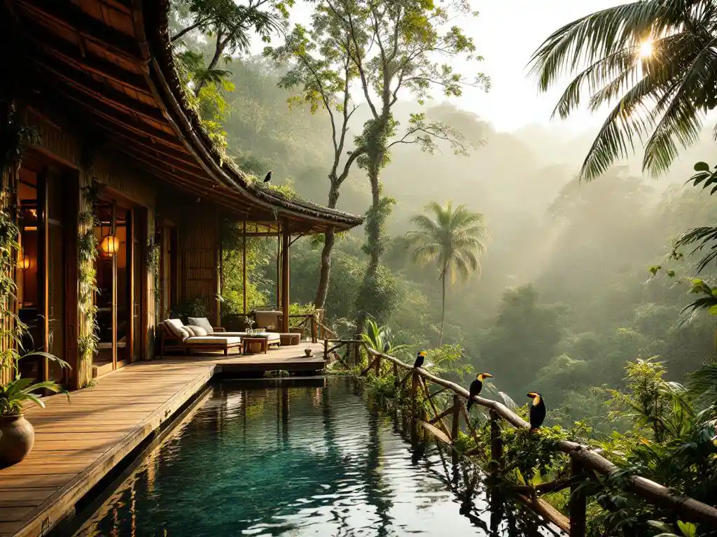Luxe eco-lodge in Costa Ricaans regenwoud met bamboe architectuur, infinity pool en toekan op houten reling