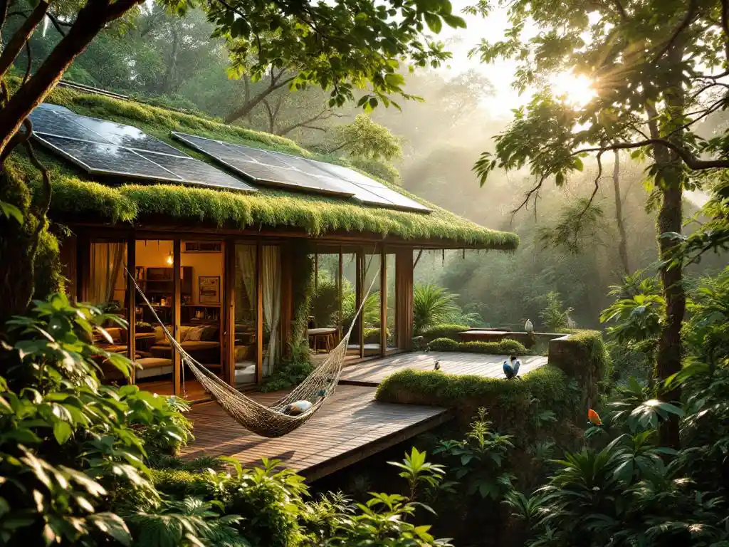 Eco-lodge met zonnepanelen in Costa Ricaanse regenwoud, hangmat op terras, tropische vogels in weelderige groene natuur