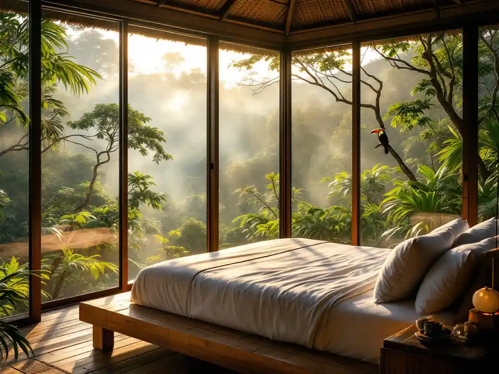 Luxe eco-lodge slaapkamer met uitzicht op Costa Ricaans regenwoud, houten bed met witte lakens, toekan op tak buiten raam