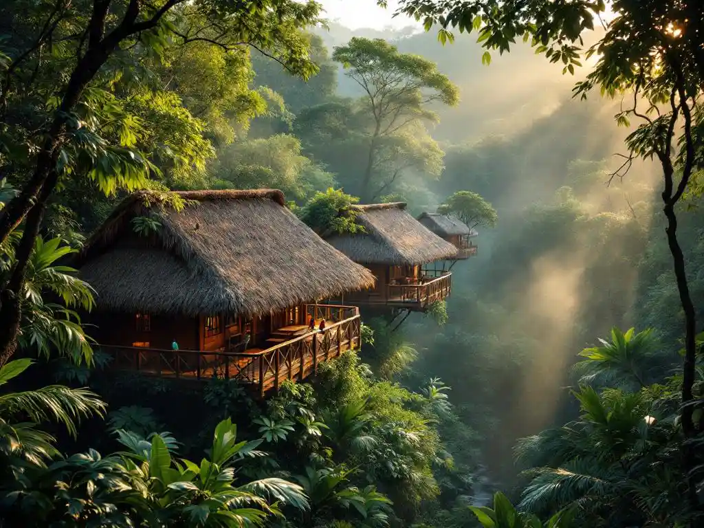 Rustieke houten ecolodge in Costa Ricaanse regenwoud met verhoogde loopbruggen en weelderige groene vegetatie
