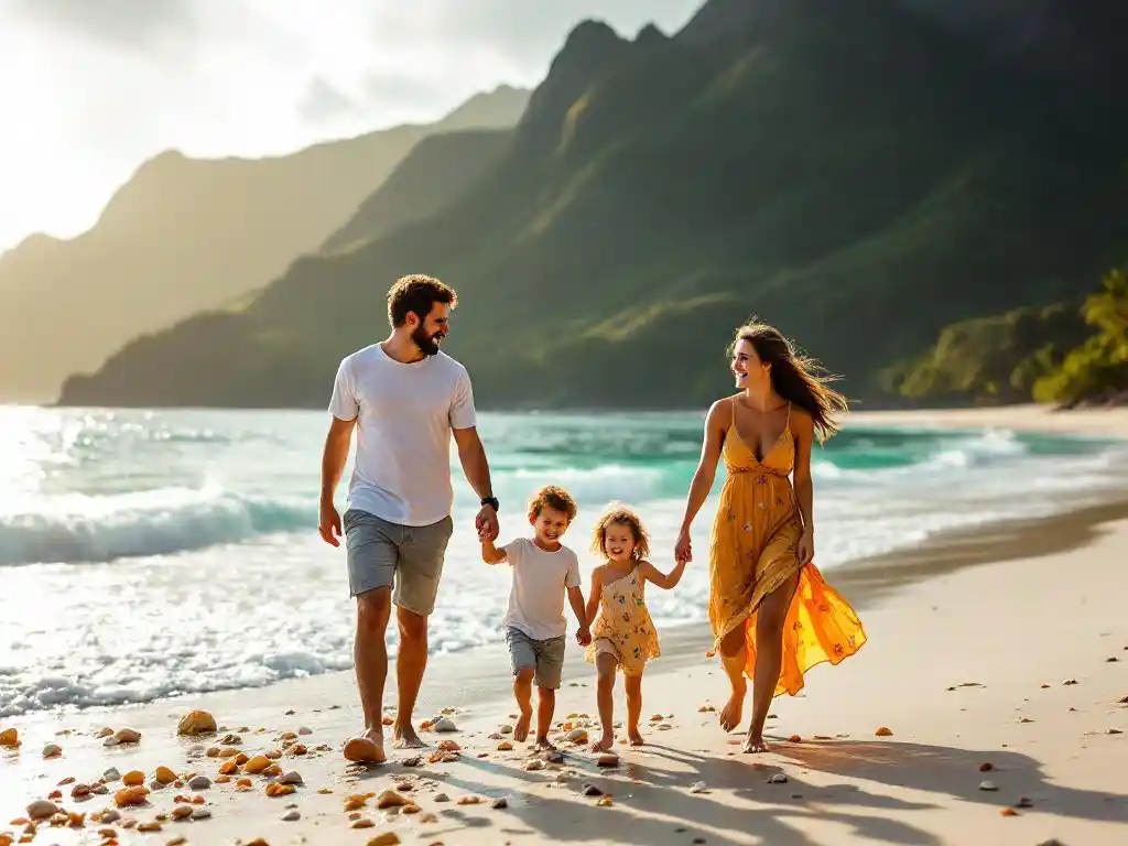 Gelukkig gezin van vier loopt hand in hand over Costa Ricaans strand, kinderen verzamelen schelpen bij zonsondergang