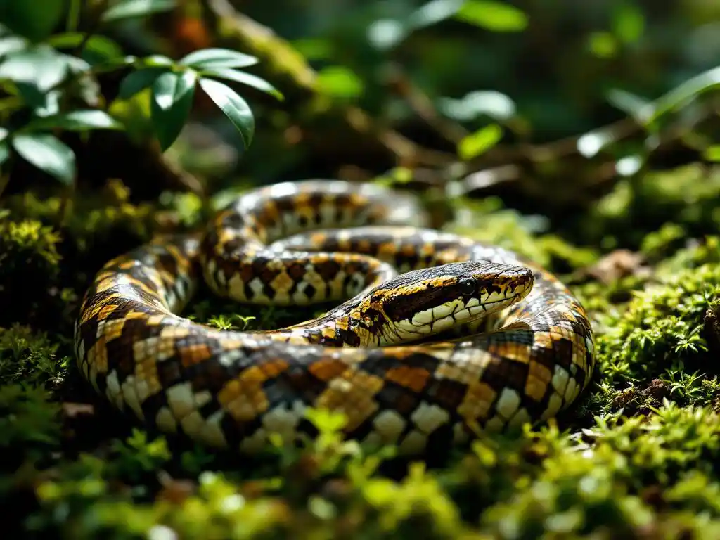 Fer-de-lance slang met driehoekige kop en bruine ruitpatronen rust op mosbegroeid regenwoudbodem in Costa Rica