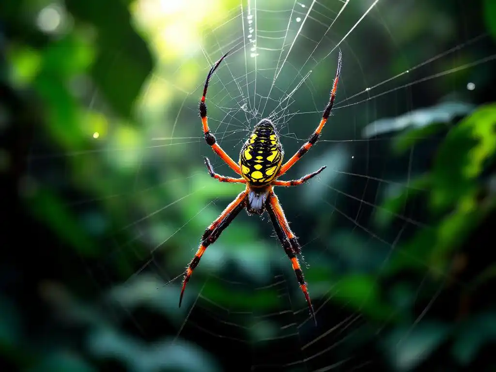Grote Golden Orb Weaver spin met geel-zwarte tekening op geometrisch web in Costa Ricaanse regenwoud vegetatie
