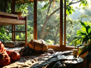 Gezellige hostel slaapzaal met houten stapelbedden en kleurrijke rugzakken, Costa Ricaans regenwoud zichtbaar door ramen
