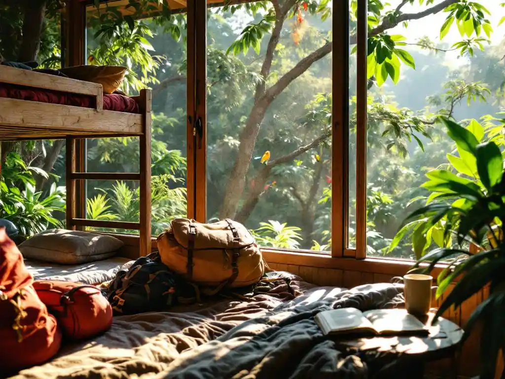 Gezellige hostel slaapzaal met houten stapelbedden en kleurrijke rugzakken, Costa Ricaans regenwoud zichtbaar door ramen