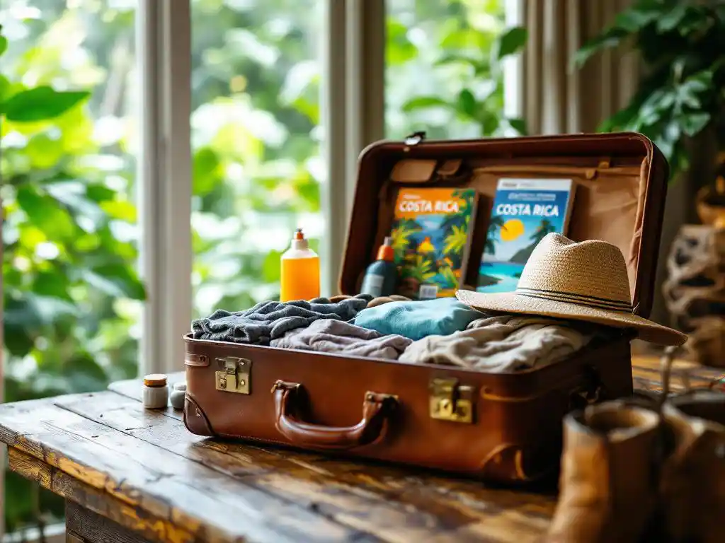 Open leren koffer op houten tafel gevuld met tropische vakantie-items en Costa Rica reisgids bij raam