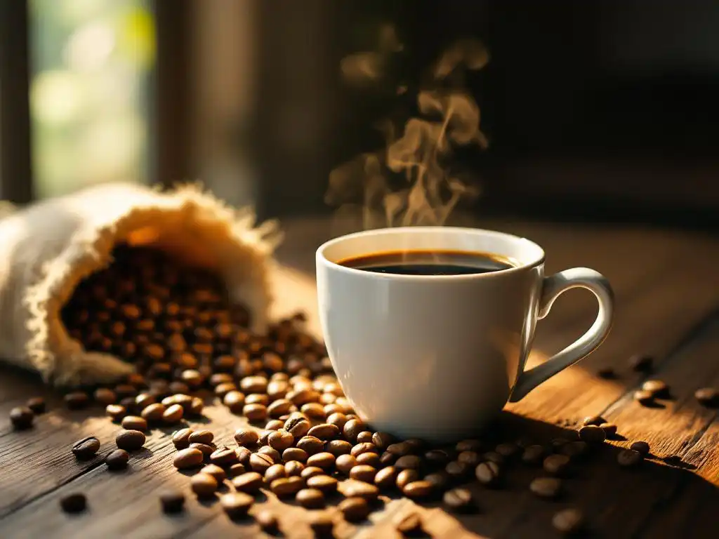 Dampende koffiekop met Costa Ricaanse koffiebonen op rustieke houten tafel in warm ochtendlicht