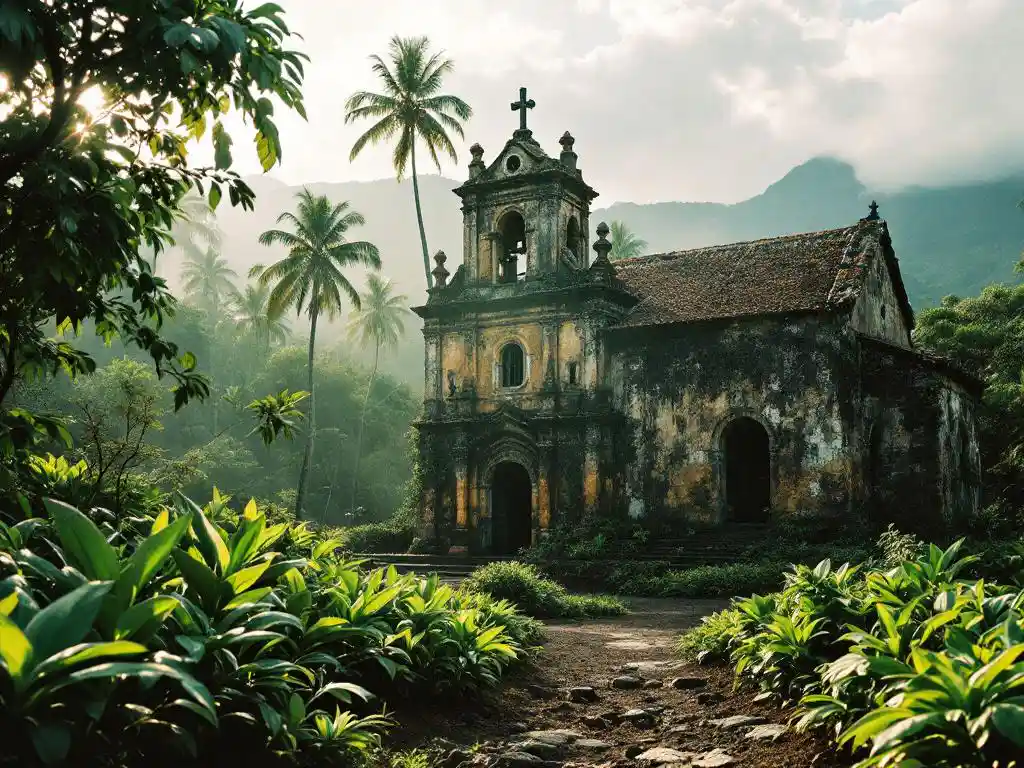 Koloniale stenen kerk met Spaanse architectuur in weelderig tropisch landschap met koffieplanten en mistige bergen