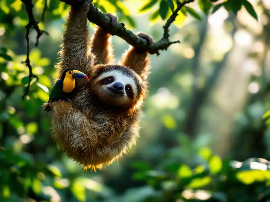 Drietenige luiaard hangt vredig aan tak in Costa Ricaanse regenwoud met toekan en ochtendmist tussen groene bladeren