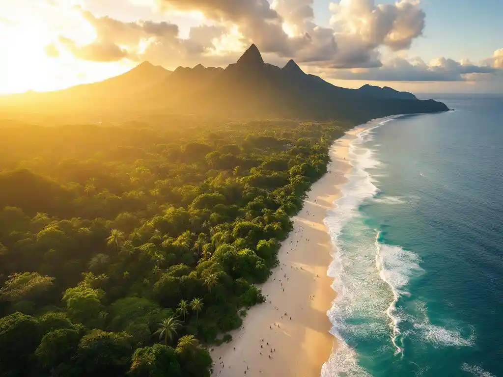 Luchtfoto van Manuel Antonio strand met wit zand, turquoise water en groene regenwoud tegen bergachtergrond