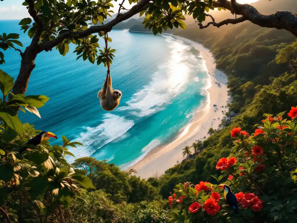 Luchtfoto van Manuel Antonio strand met wit zand, turquoise water, regenwoud en luiaard in cecropia boom