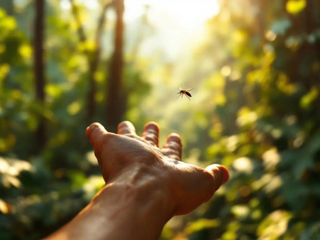 Persoon spuit insectenwerend middel op arm in Costa Ricaans regenwoud, mug in vlucht zichtbaar, zonlicht door bladerdek