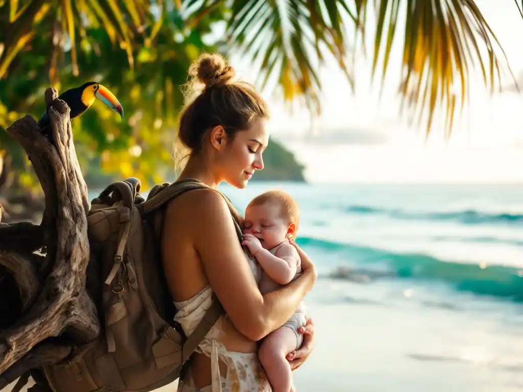 Ouder houdt slapende baby vast op tropisch strand in Costa Rica met toekan en turquoise golven op achtergrond
